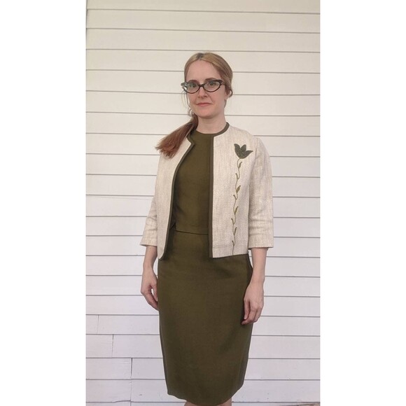 60s Green Linen Skirt Set Short Neutral Embroidered Jacket Vintage XS 34 23 34 - Picture 10 of 10